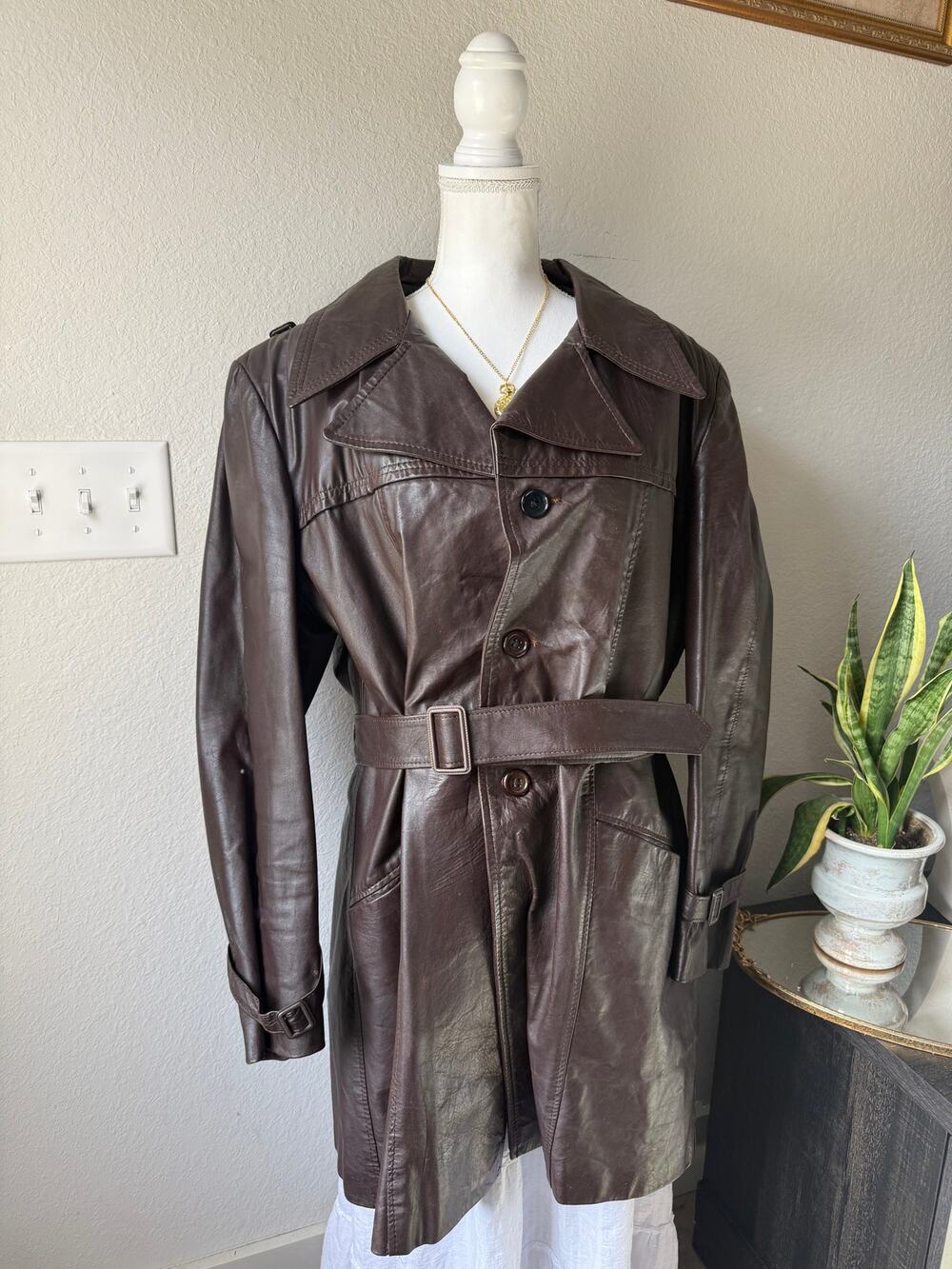 Brown Genuine Leather Trench Coat with Belt Vintage